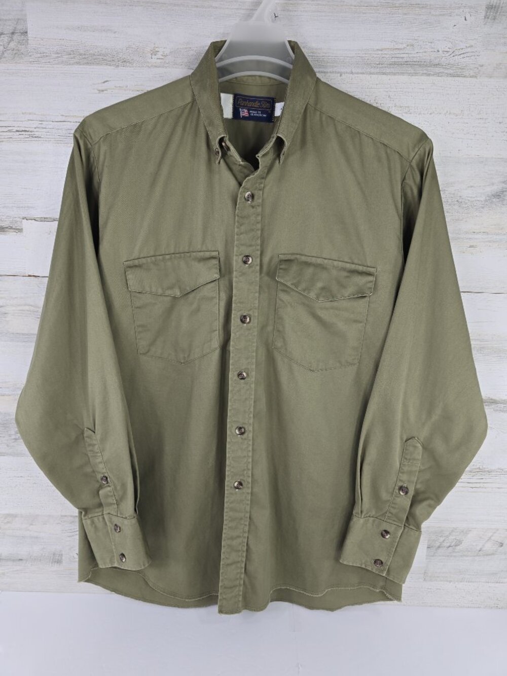 VINTAGE Panhandle Slim work shirt olive green Two Front Pockets Men's Size LARGE